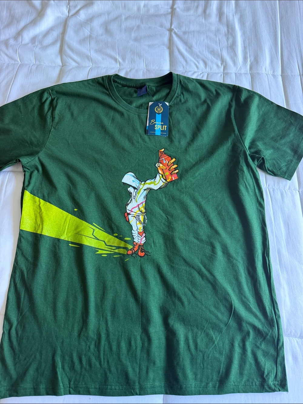 Split Dark Green Short-Sleeve Graphic Tee with Neon Yellow Accent